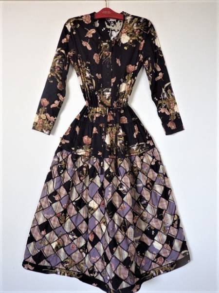 カネコイサオ　芥子とカーネーション　パッチワークワンピース　クロ×パープル