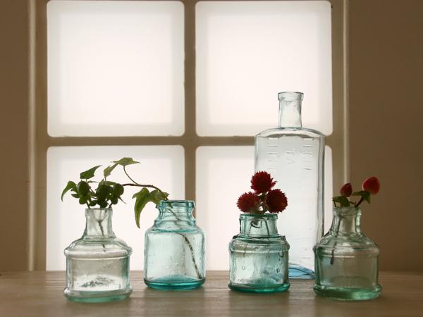 インクボトル◆英国 アンティーク アクアガラス 骨董 コットンリール イギリス 1910's 気泡 店舗什器 店舗備品 花器 花瓶_8