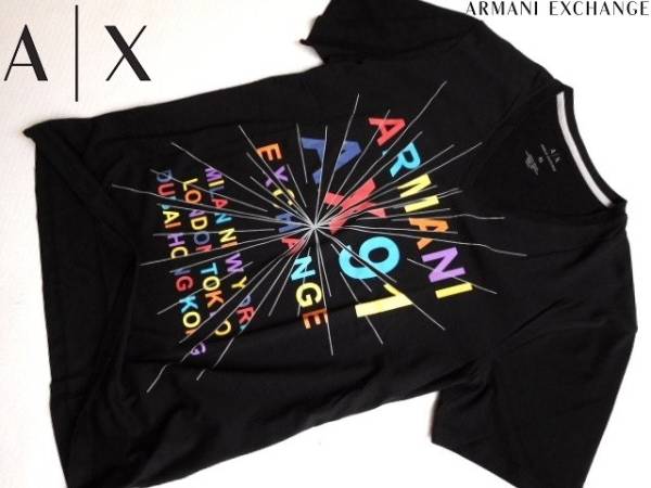 新品★アルマーニ★セクシーな ブラック Tシャツ★ロゴプリント Tシャツ★Vネック 黒 XL★AX ARMANI★644