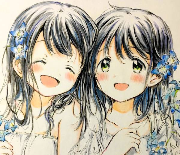 同人手描きイラスト色紙 【オリジナル】青い花の約束