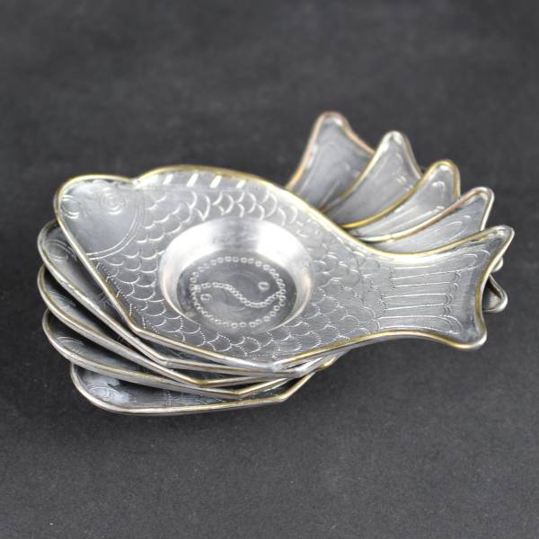 凛 ☆間村自造 古錫 魚形 茶托 5客 煎茶道具☆
