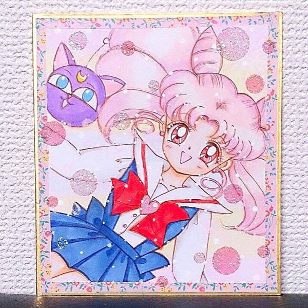 セーラームーン 同人 手描きイラスト ちびうさ＆ルナP ミニ色紙(手描き