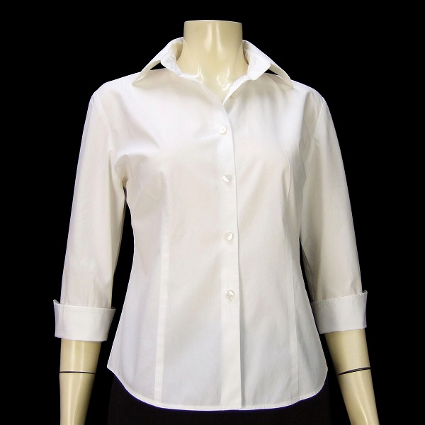 H 美品★HANE MORI ハナエモリ★白*清涼ストレッチ生地*上品7分袖シャツブラウス*38表記★11~13号*L~XL(2L)*40~42相当