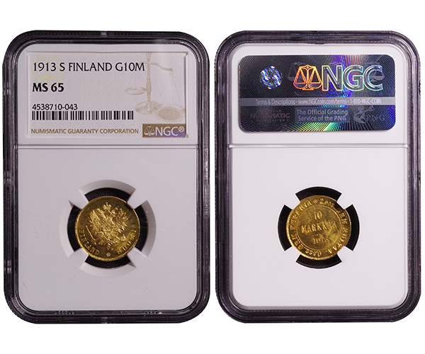 フィンランド 10マルカ金貨 1913年 未使用品 紋章 NGC MS65