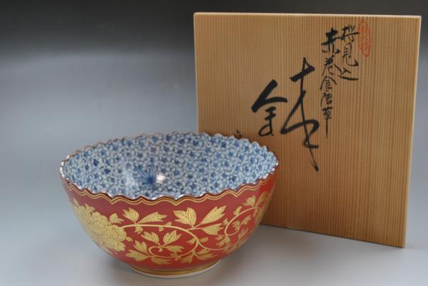 京都清水焼 助田正峰 作 桜見込赤巻金唐草鉢 平安正峰 茶道具 桜金襴手 菓子鉢 共箱付き