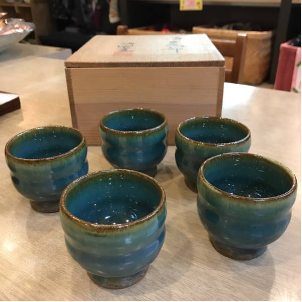 緑玉織部 小樽窯 白勢栄悦作 完品 中古 小鉢 盃 ぐい呑 5客