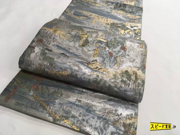 スピ買■ 着物 1円 名品 袋帯 銀色 風景 24Kプラチナ二重箔 全通 両面仕様 正絹 ☆☆☆☆