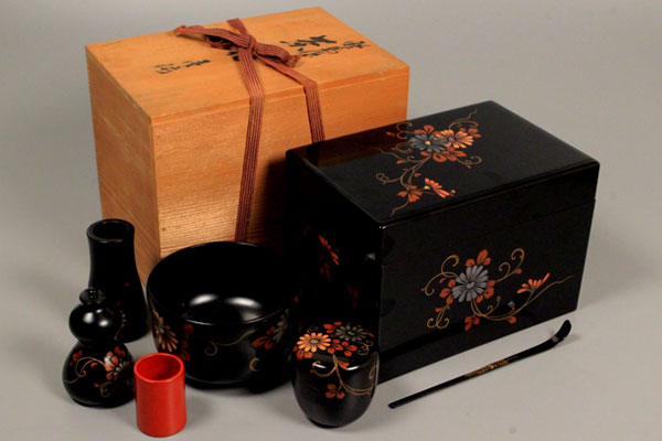 彩葉】煎茶道具 総輪島塗 花文 利休茶箱 茶器セット 漆器 輪島一式 共