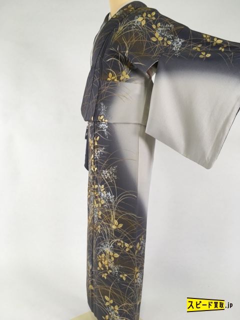 スピ買■ 着物 1円 逸品 付下げ グレー 萩 中村乃武夫 金彩 染分け 正絹 袷 163cm Mサイズ ☆☆☆☆☆
