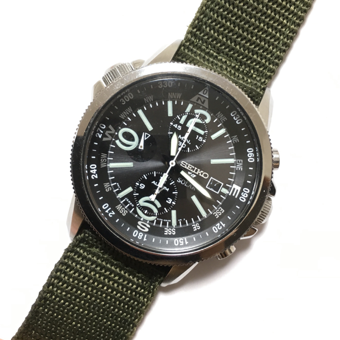 美品 セイコー SEIKO 逆輸入 クロノグラフ ソーラー ミリタリー 