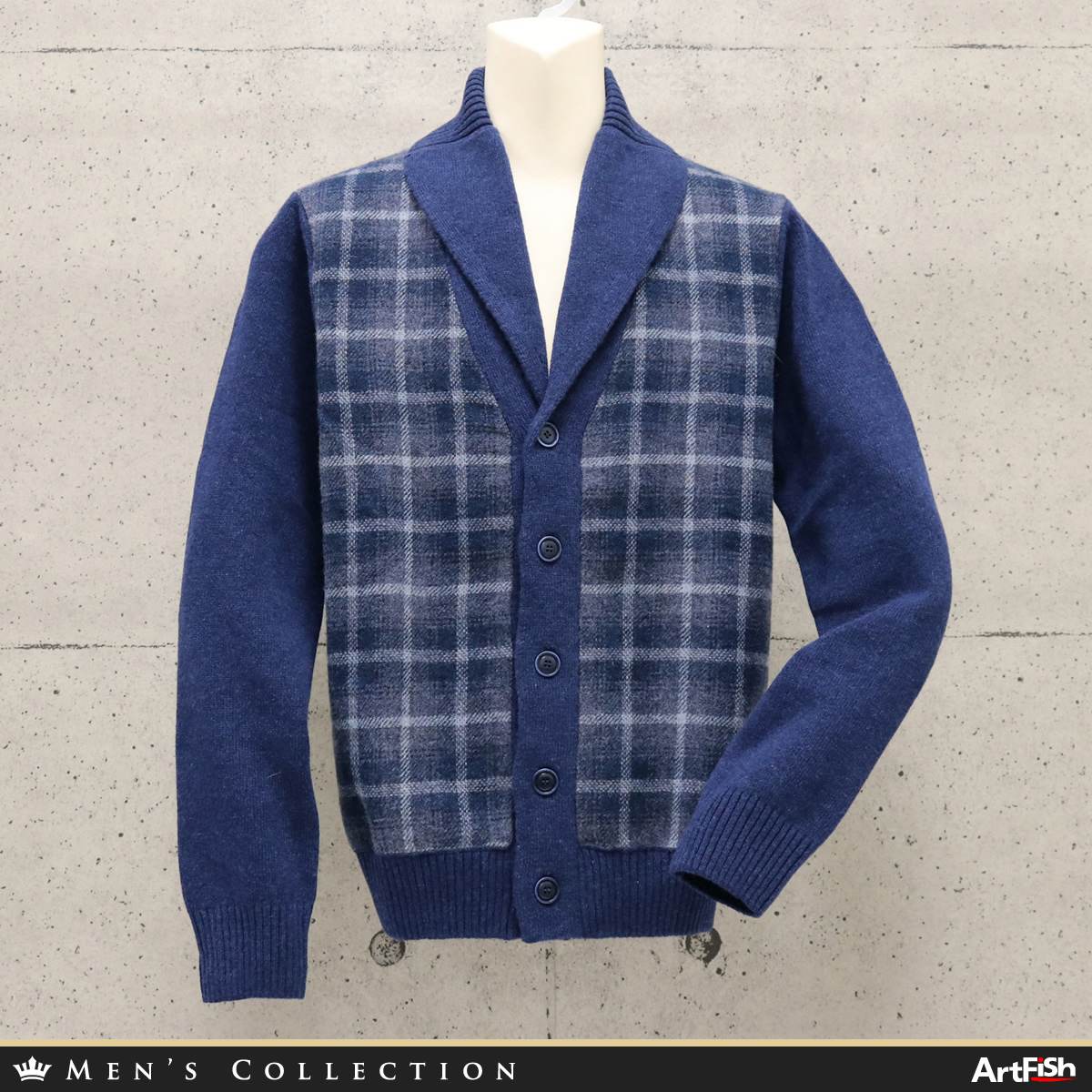 1円 Umberto Vallati【伊】イタリア製 ネイビー系 ヴァージンウール100％ チェック×無地 異素材切替 ニットカーディガン k602*s50新品