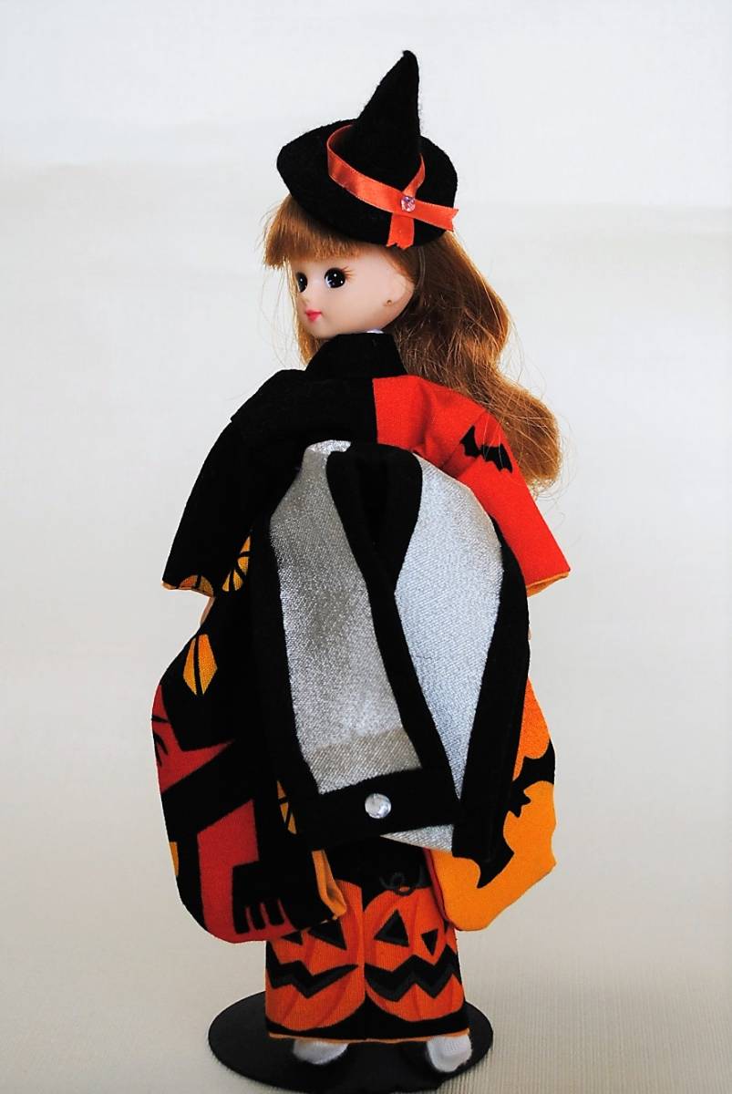 リカちゃんなど２２ｃｍドール用和服【振袖ハロウィン黄】ハンドメイド着物5点セット