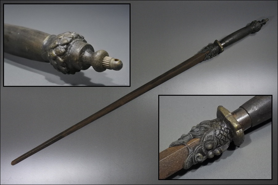 時代品 武具 鉄製兜割棒 鉄十手 鉄剣 武器 護身用具 置物 飾物 82,7cm