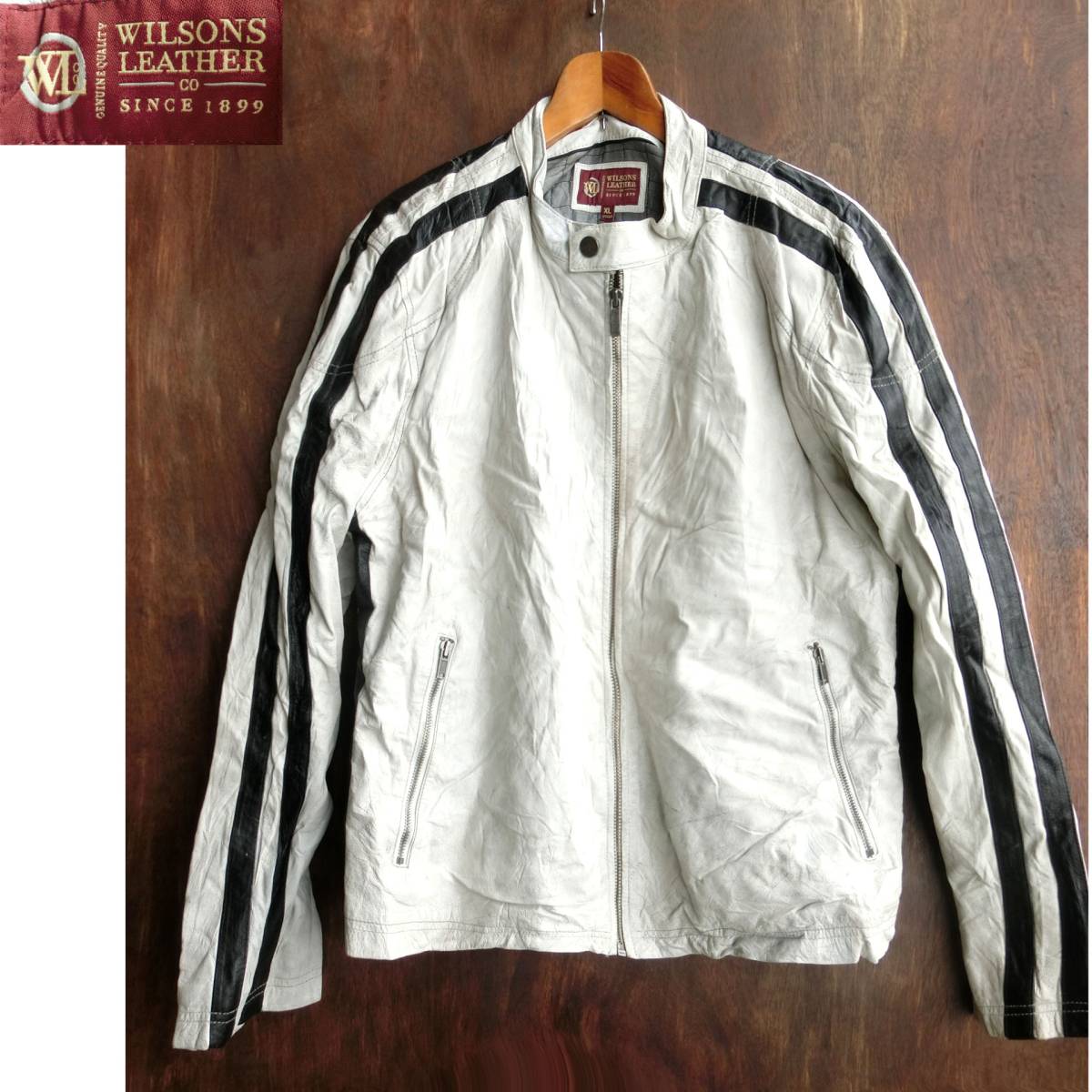 A3/4.17　WILSONS ウィルソンズ　ホワイト　シングルレザーライダース　レザージャケット　黒ライン　二本ライン　XL位