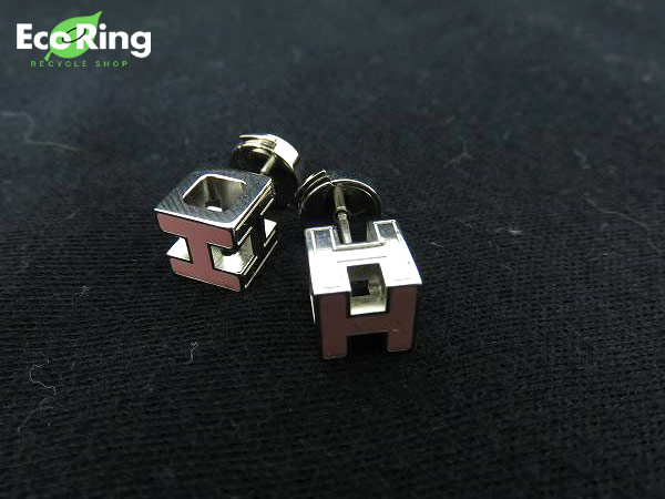 1円 超美品 エルメス カージュドアッシュ Hロゴ キューブ ピアス 銀色×ピンク CQ668