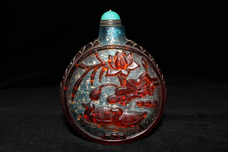 民間收集 稀少 琉璃制 鴛鴦戲水紋 鼻煙壺 稀少 根付1126x13