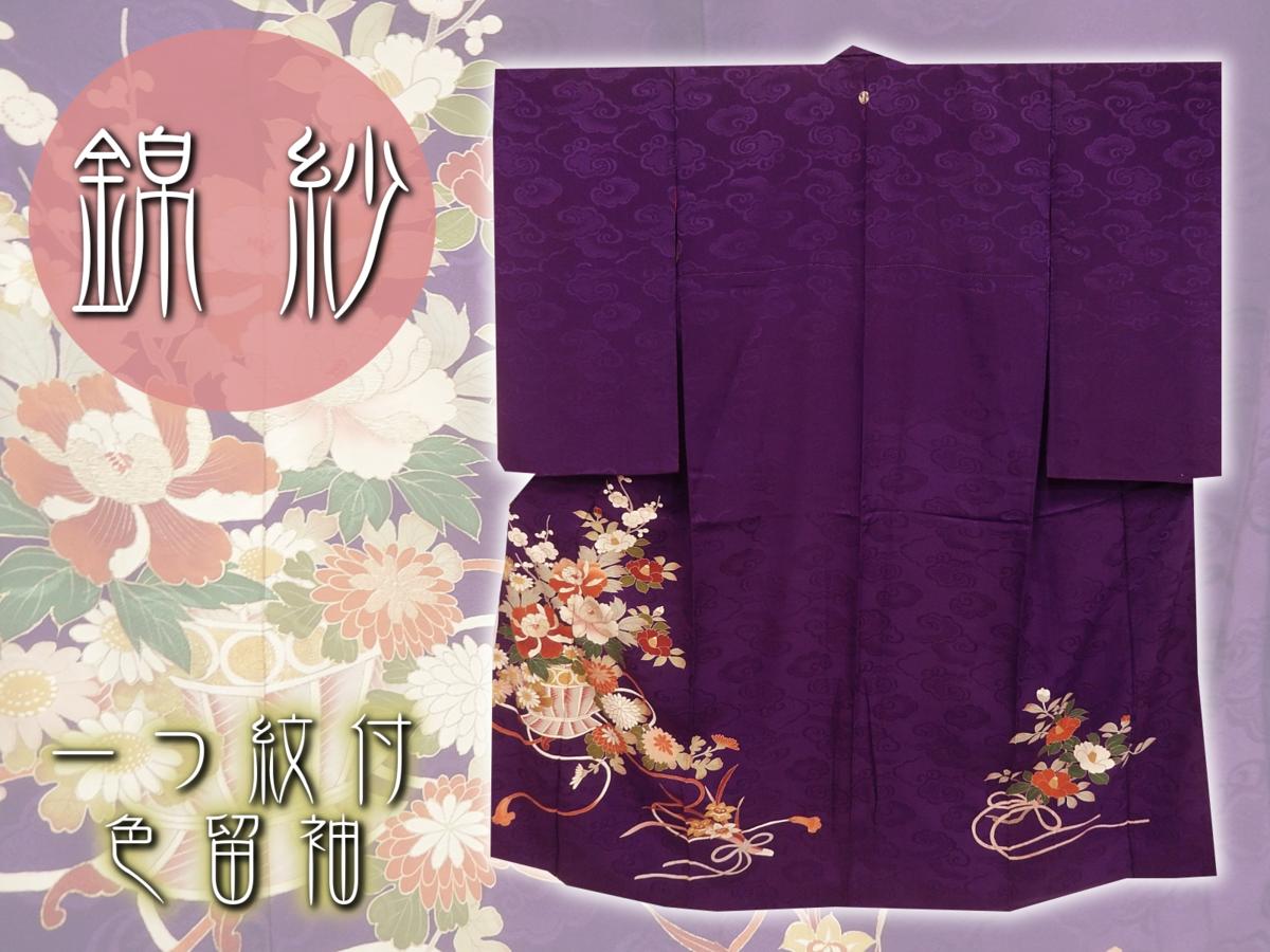 【アンティーク心琴】錦紗 型染め 金箔 一つ紋付 色留袖 地紋・瑞雲 正絹