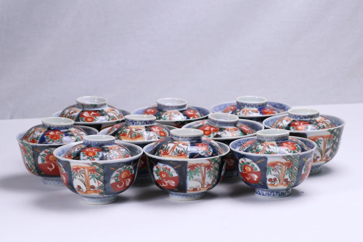 古伊万里 染付 茶道具 蓋付茶碗 松鶴文 花鳥文 【1円スタート】