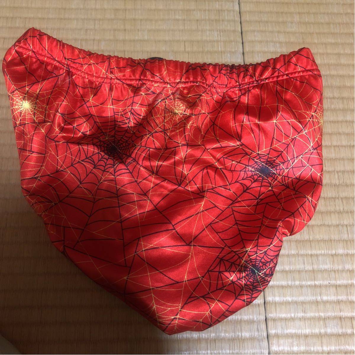 プロレスショートタイツ「赤色蜘蛛の巣模様」Ｌサイズ 水着 スポーツパンツ 伸縮 赤色蜘蛛の巣模様