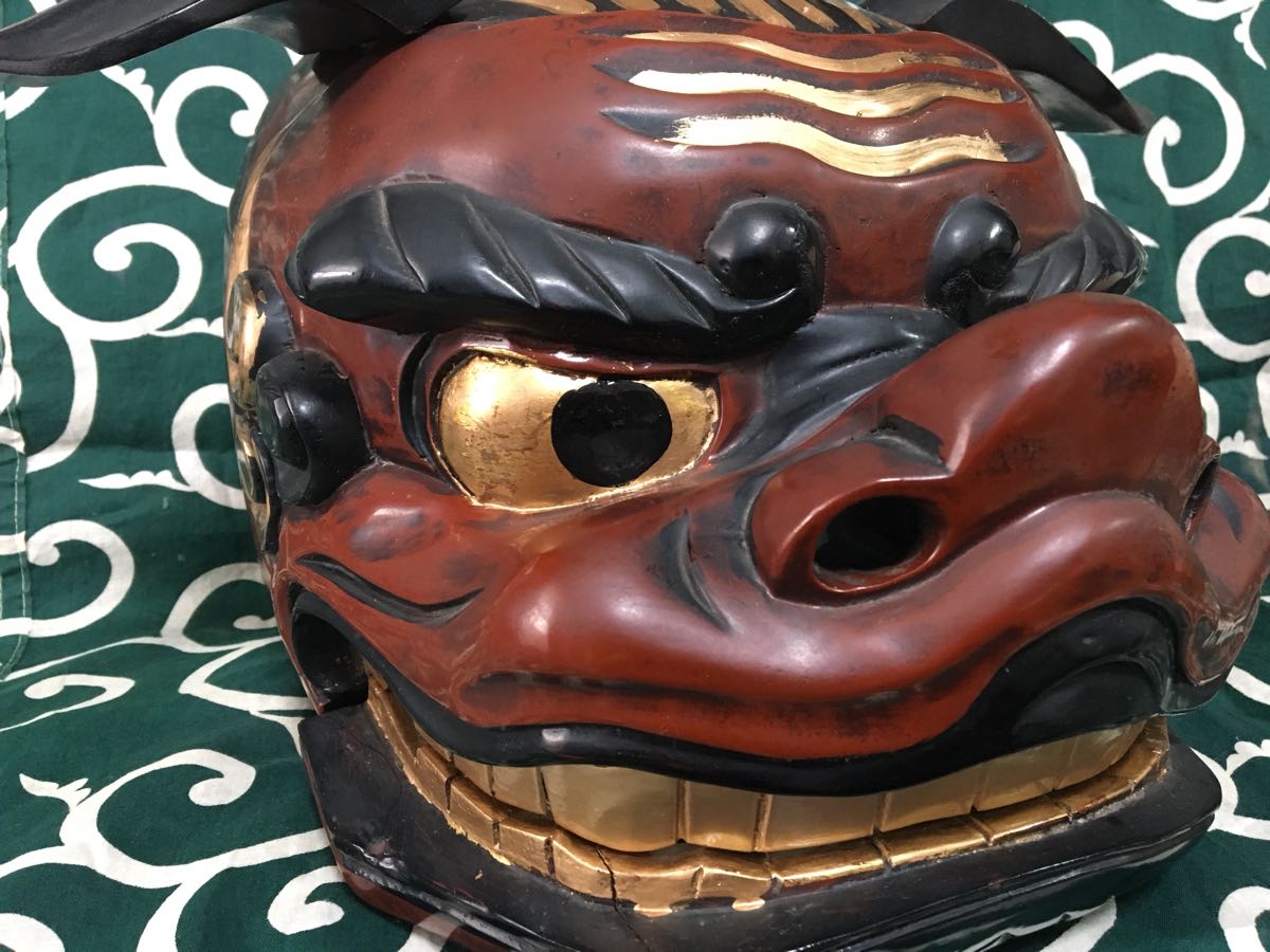 2)木彫り獅子舞【権九郎 獅子頭】朱漆塗り9寸 能面 神楽面 正月飾り