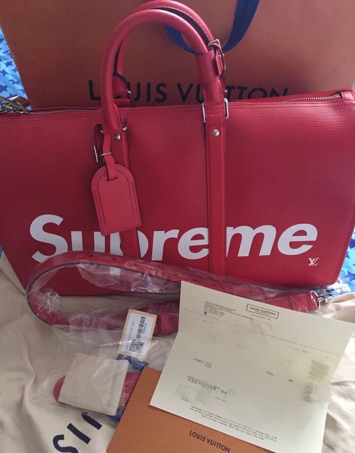 希少 100% 正規品 Louis Vuitton Supreme ルイヴィトン シュプリーム キーポール keepall 45 赤 カバン ボストン バッグ