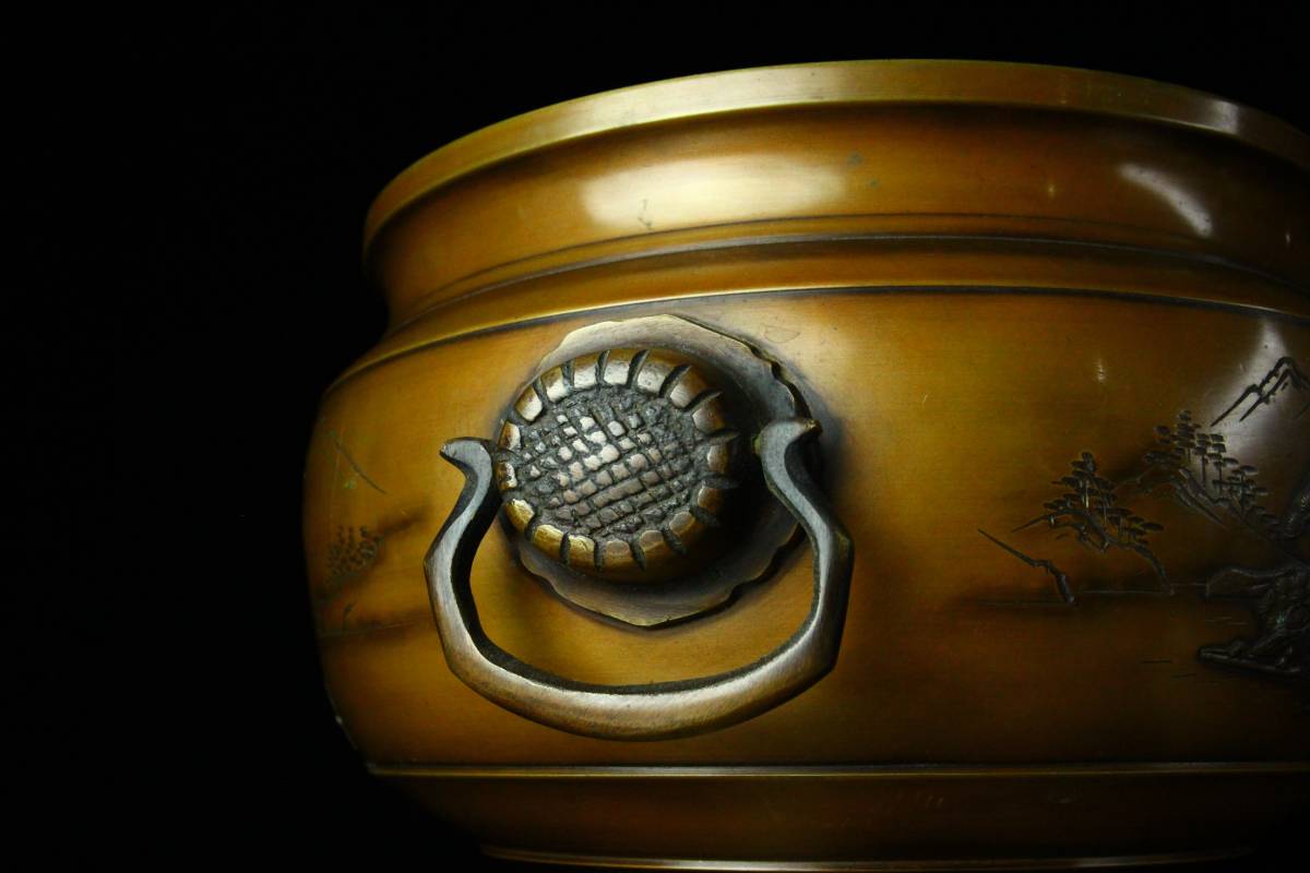 櫻】金屋五郎三郎造 銅製山水図耳環付火鉢 一対 時代古玩 .sg ☆現状品