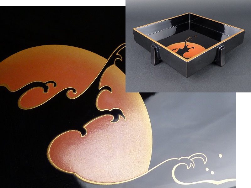 都屋】輪島塗 塗師 哲舟/蒔絵師 光峯「日の出波蒔絵盛器」 木製 菓子器