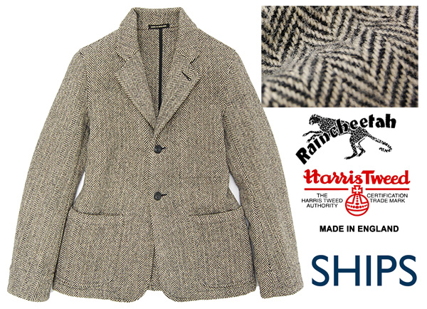 定価5万円 美品 イングランド製 シップス別注 レインチーター x Harris Tweed ヘリンボーン織り コラボ・ハリスツイードジャケット/XS 定価5万円美イングランド製SHIPSxRaincheetahxHarrisTweedヘリンボーン織りトリプルネームコラボツイードジャケット/XS