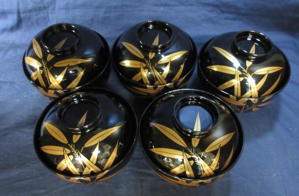 ★　越前漆器　木製　「本金　笹蒔絵　吸物碗　５客　美品」共箱付