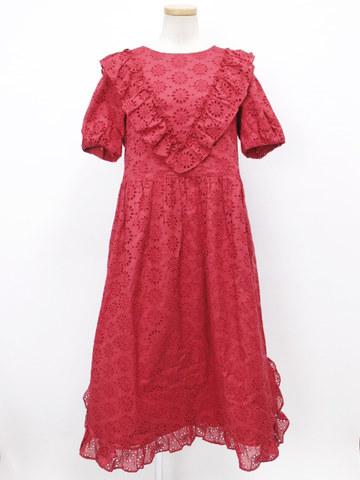 美品 683065 ジェーンマープルドンルサロン Jane Marple Dans Le Salon アイレットレースのエンパイアドレス ロング ワンピース レッド M