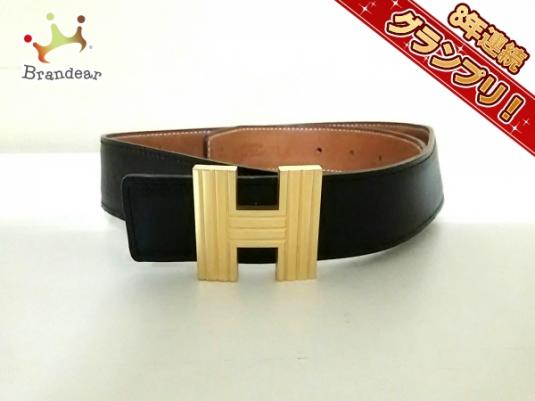 エルメス HERMES ベルト 70 レザー×金属素材 黒×ゴールド ゴールド金具 
