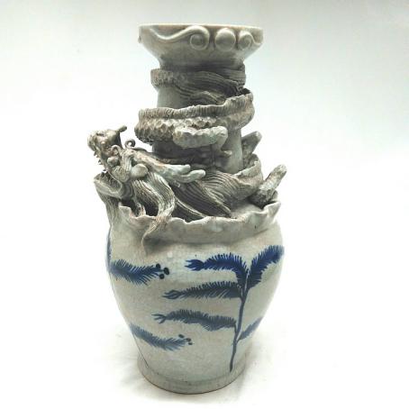 中国 壺 花瓶 花器 龍 ドラゴン 立体造形 旧家蔵出し 陶器 骨董 古美術