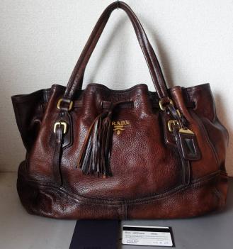 ★美品★PRADA プラダ 本革 オールレザー グラデーション 超お洒落 ビジネス トートバッグ★フリンジ、購入カード付★大容量、A4サイズ★