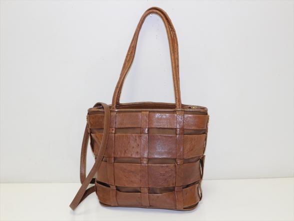 正規良品【オーストリッチ】ショルダーバッグ　ハンドバッグ　2WAY　レディース鞄　茶/ブラウン　イ492