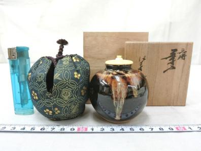 P02915 桶谷定一 文琳茶入 象牙蓋 七宝文仕覆 茶器 茶道具 共