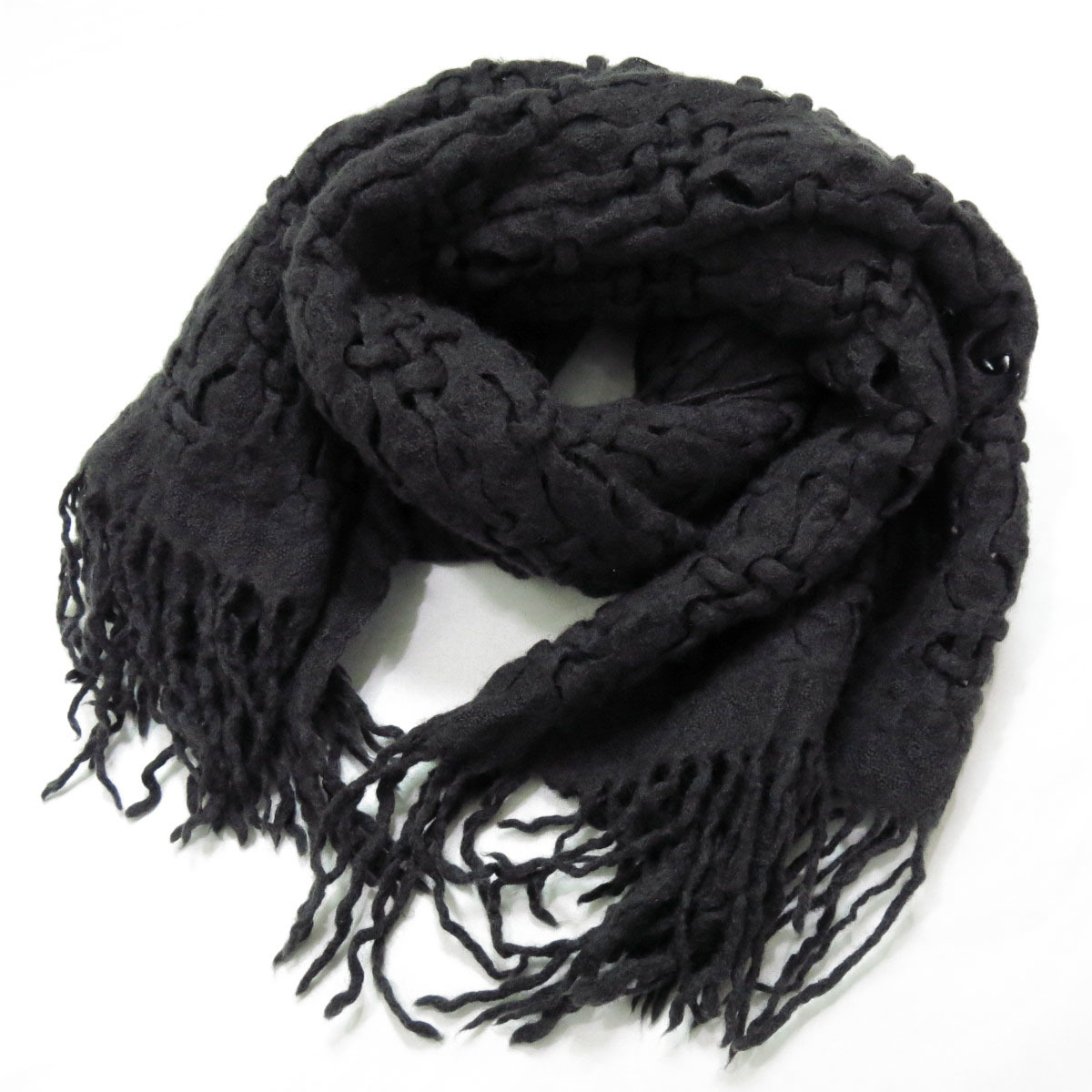 Y's ヨウジヤマモト マフラー　ストール　フリンジ　黒　ウール Y's Yohji Yamamoto Woven Knit Wool Stole Scarf Muffler ワイズ