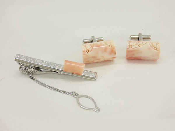 1円 超美品有 珊瑚 コーラル カフス タイピン バレッタ ブローチ 計5点セット BP285