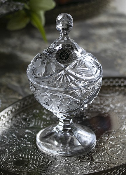 アンティーク クリスタルガラス スズラン柄 キャンディディッシュ ボンボン お菓子入れ カットガラス 鈴蘭