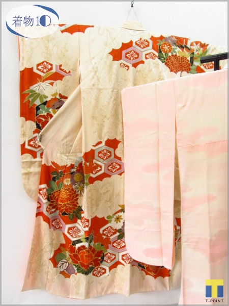 ☆着物10☆ 1円 絹 振袖 金駒刺繍 花亀甲 笹 八重梅 牡丹 菊 襦袢