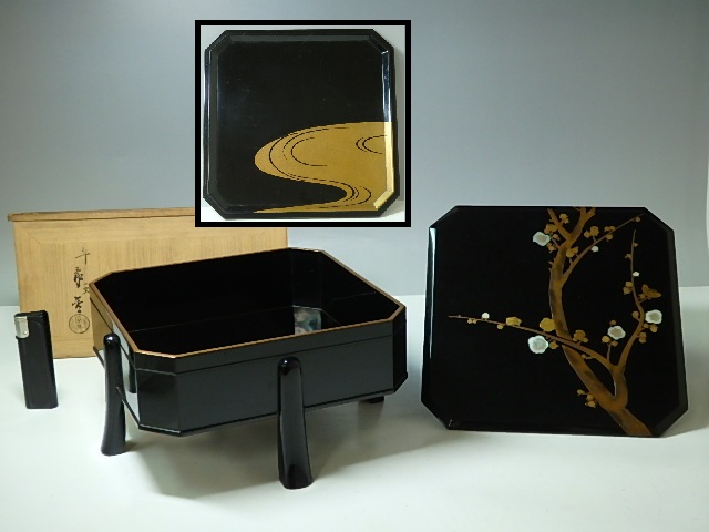 ★値下げしました！平安象彦　螺鈿入り！木製【梅蒔絵足付菓子器　共箱】ふちは金梨地で凝った作り！　20.5×20.5×高さ12cm　茶道具　漆器