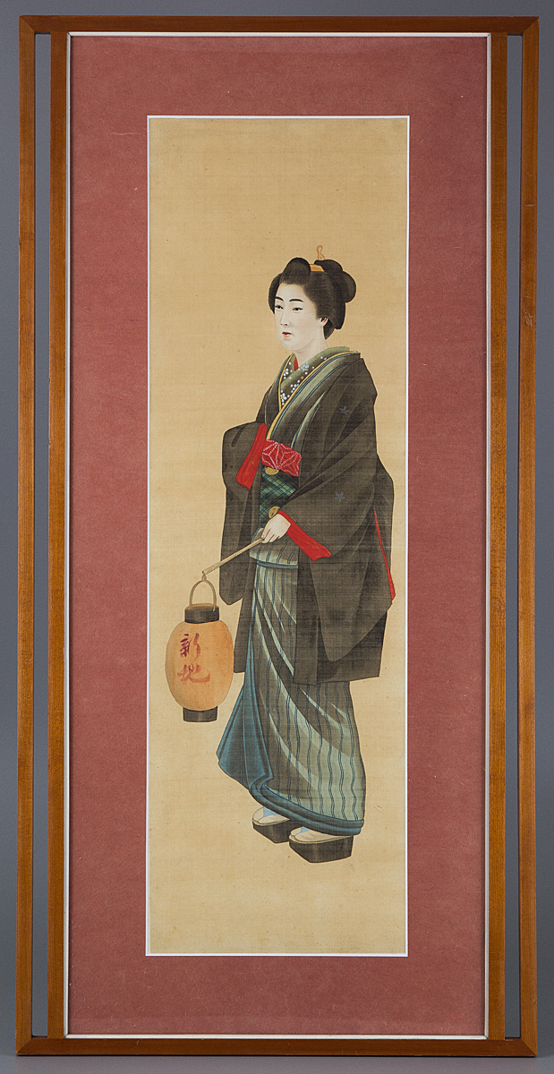 五】日本画 写実 女性像 絹本 額装 1987年 ヤタヤ額 竹久夢二、『露地