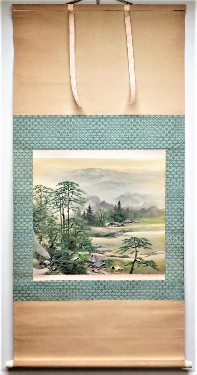 掛軸 横幅 百瀬徳三郎「山村清趣之図」民家 共箱 美術年鑑掲載画家 掛軸 横幅 百瀬徳三郎「山村清趣之図」民家 共箱 美術年鑑掲載画家