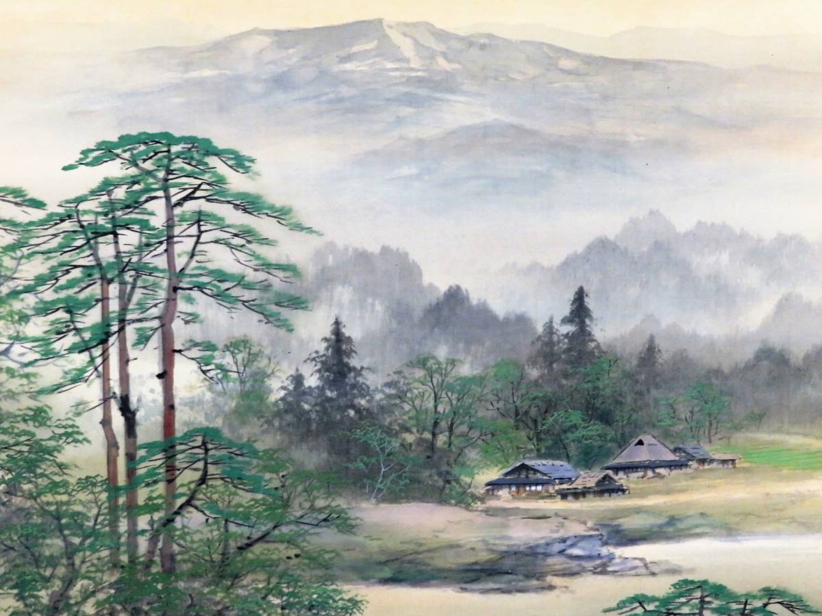 掛軸 横幅 百瀬徳三郎「山村清趣之図」民家 共箱 美術年鑑掲載画家