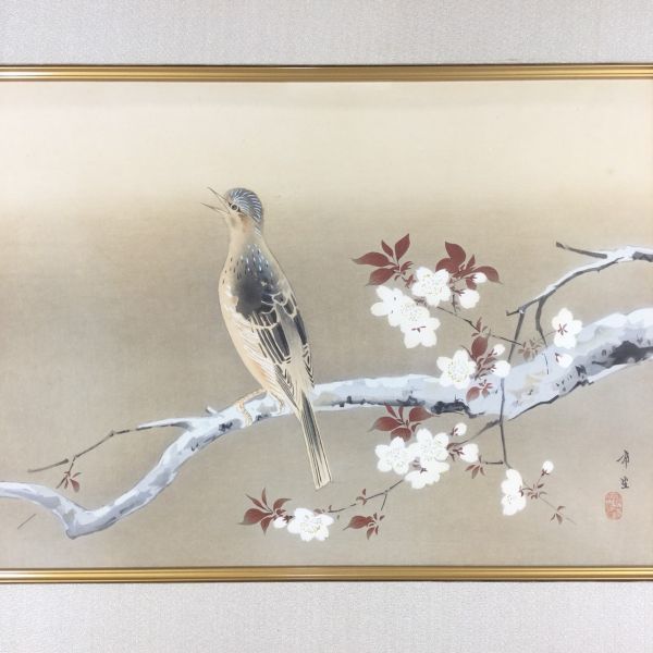 日本画□作者不詳□花鳥図□約P8号□額付絵画□秀作□d 日本画 ホビー