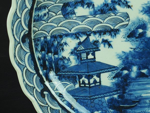 古伊万里 染付 山水図大皿 直径約40.5cm 箱付 極上品 AF5889 骨董品 古