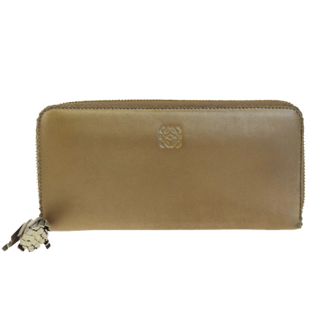 中古】 ロエベ LOEWE ラウンドファスナー 長財布 フリンジ ゴールド