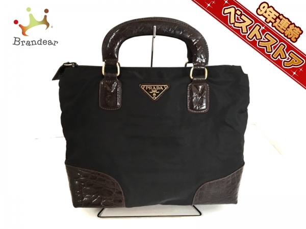 プラダ PRADA バッグ ハンドバッグ ナイロン×レザー 黒×ダークブラウン 