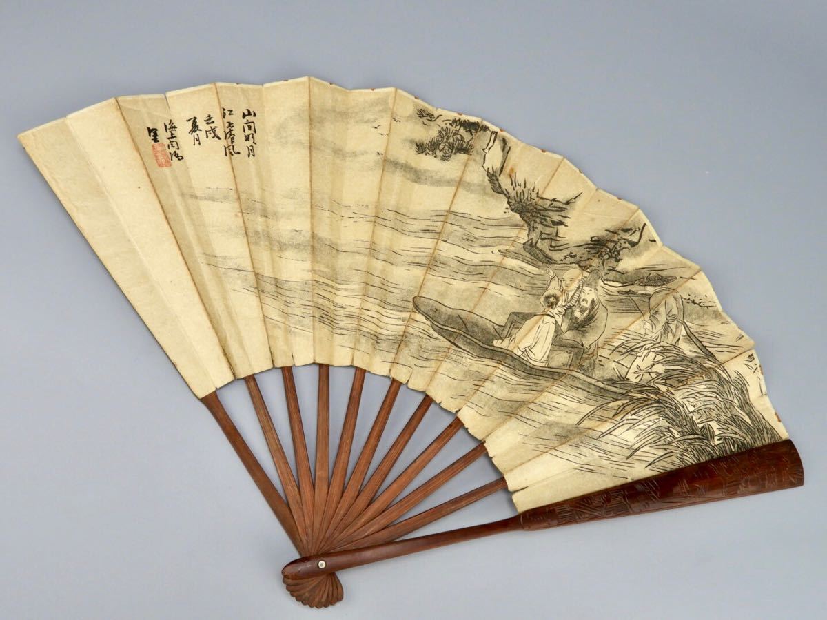 中国清代 扇面 花鳥画 書法 扇骨彫あり 銘あり 清代扇袋(刺繍) 掛軸
