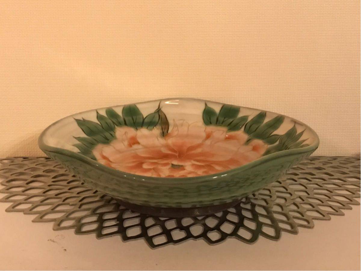 皿 京焼 清水焼 陶あん 変形鉢 大 牡丹絵付け 新品 牡丹 京焼