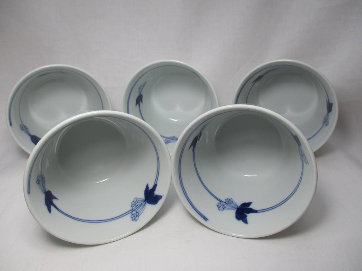 ★５００円スタート！◆有田焼◆青花・しん窯【手描きそば猪口５客揃】◆未使用品、、、 しん窯 有田焼 メルカリ 小鉢 南蛮人絵変り テラス異人小判プレート小島芳栄堂食器